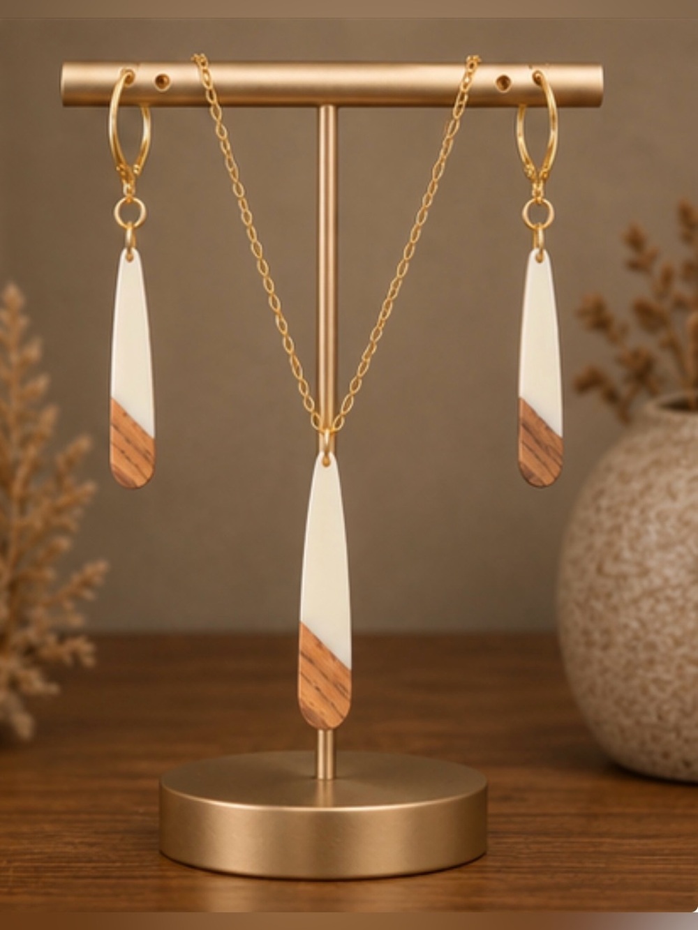 ✨ Handmade Wood & Resin Jewelry Set (Earrings + Necklace) ✨